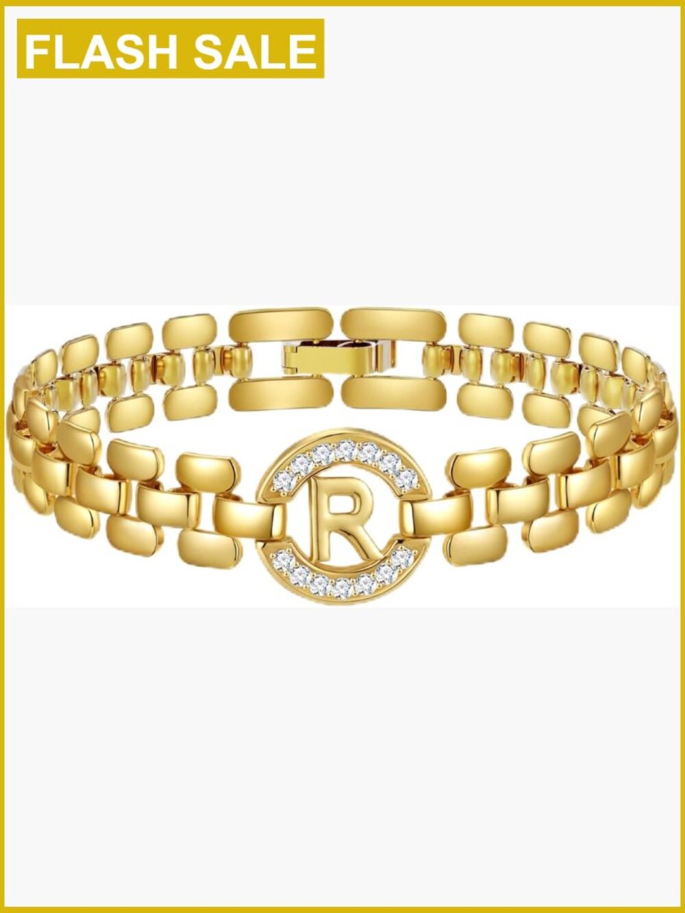 14K Gold Plated Initial Bracelet with Diamonds, 7 Inch Bangle